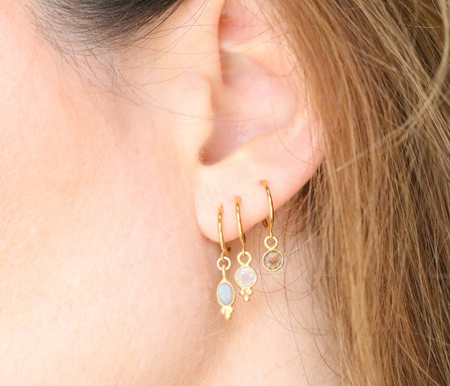 Moonstone, Labradorite & Smoky Quartz Gold Vermeil Huggie Hoop Earrings