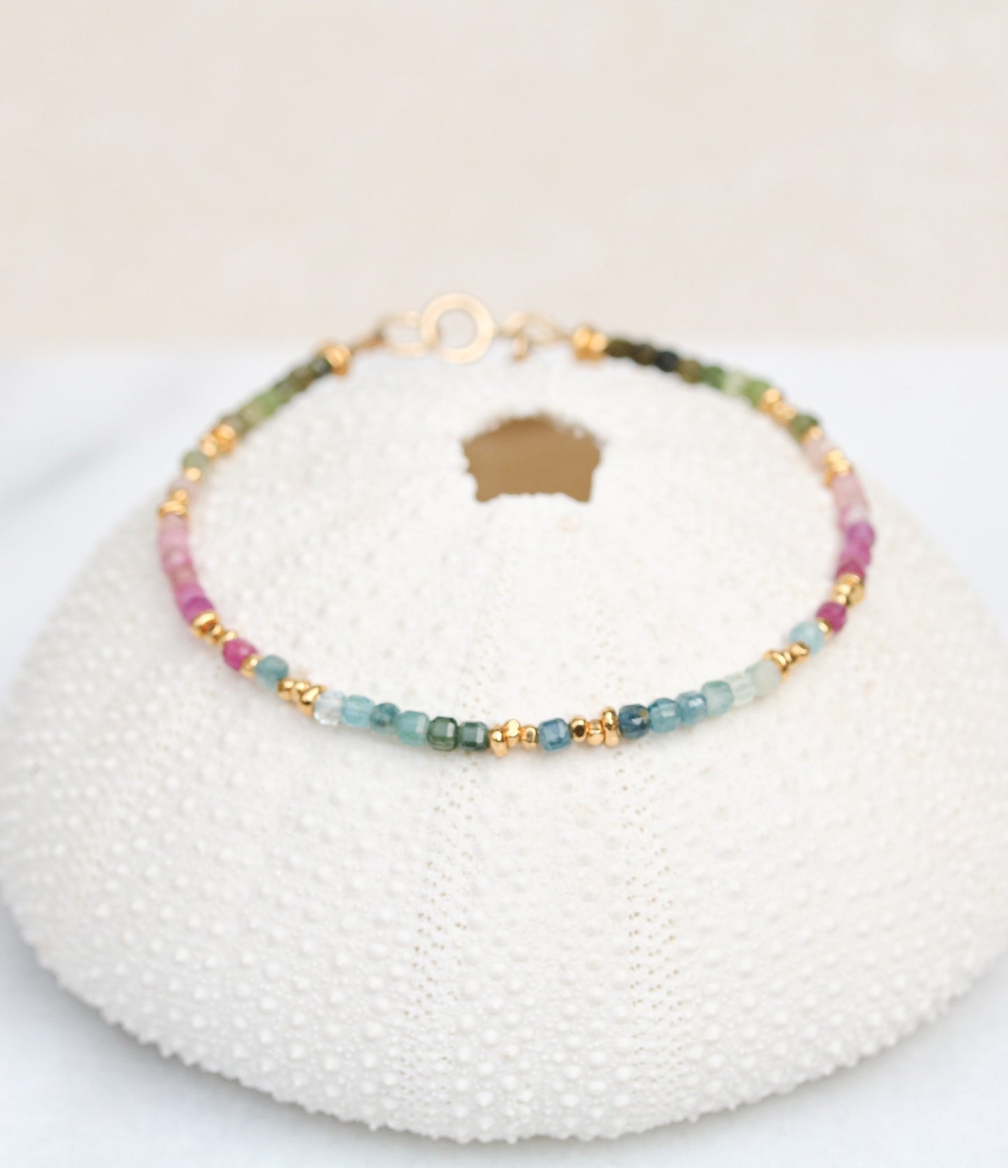 Faceted Tourmaline Mini Cube Bracelet: Gold Karen Hill Tribe Beads