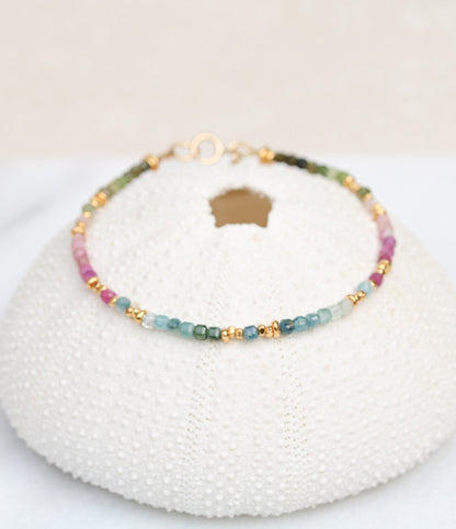 Faceted Tourmaline Mini Cube Bracelet: Gold Karen Hill Tribe Beads