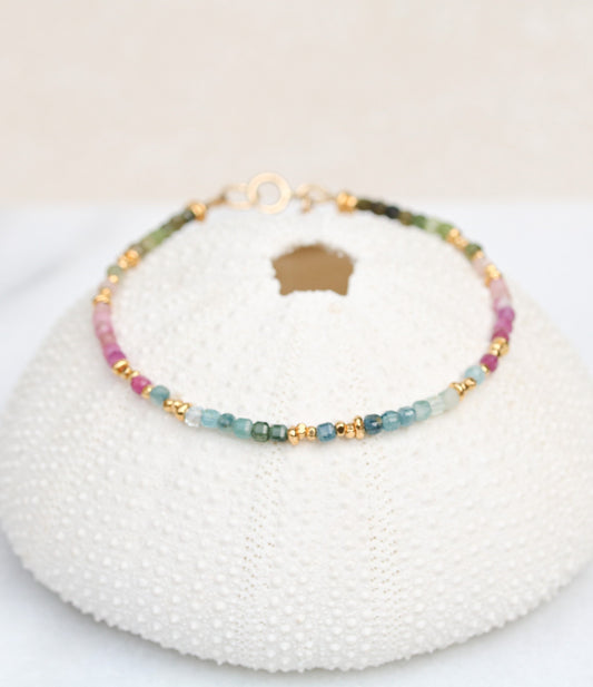 Faceted Tourmaline Mini Cube Bracelet: Gold Karen Hill Tribe Beads