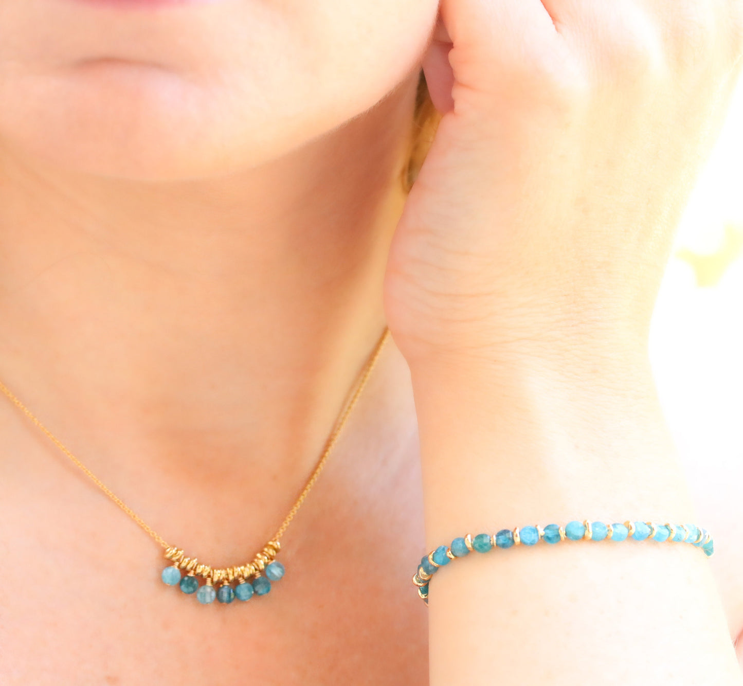 Apatite Gemstone Necklace: 14k Gold Filled Charm, Handmade in France