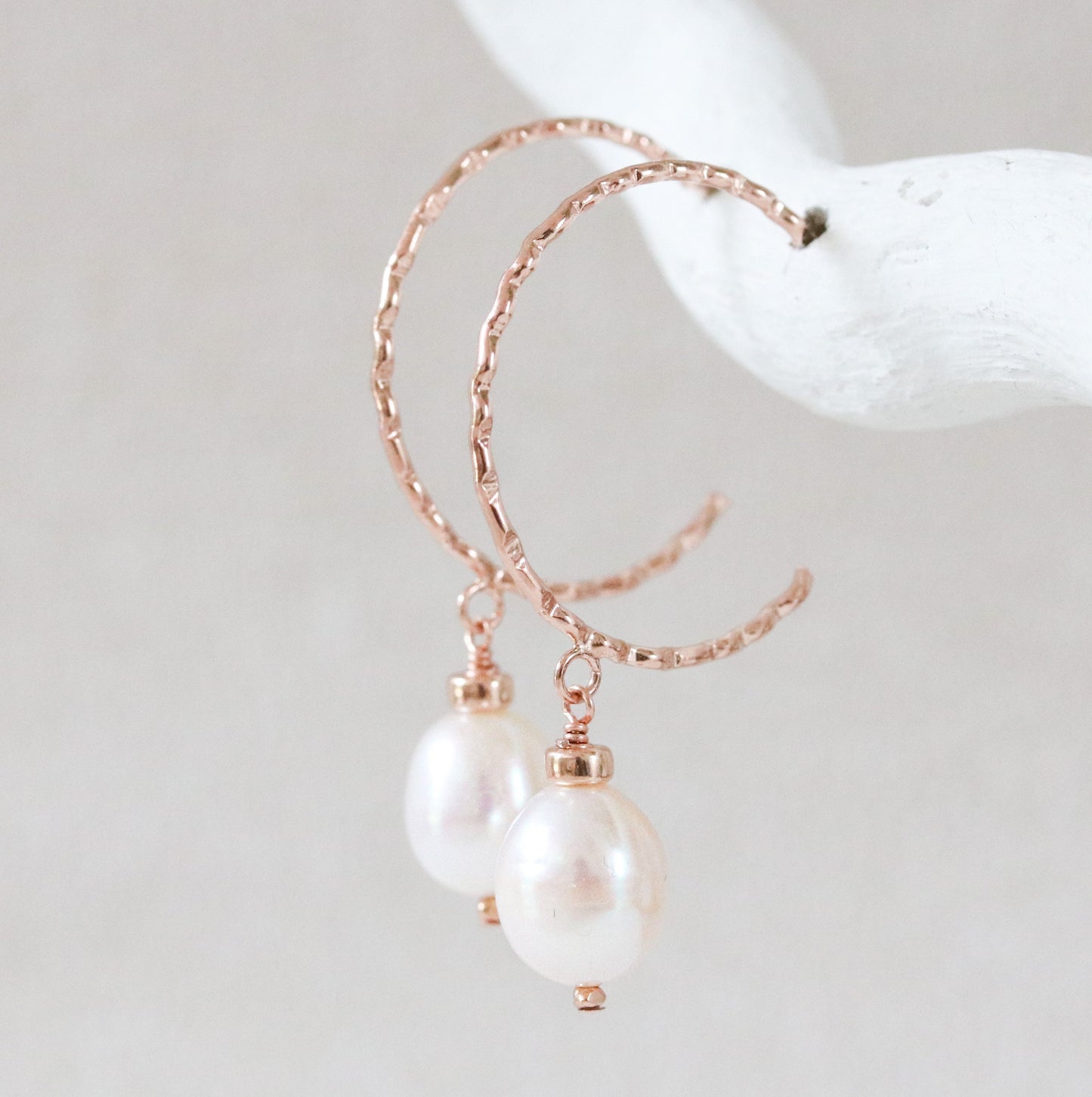 Bridal White Freshwater Pearl Rose Gold Vermeil Hammered Hoop Earrings Wedding Jewellery June Birthstone Gift Idea for Women Bride to Be