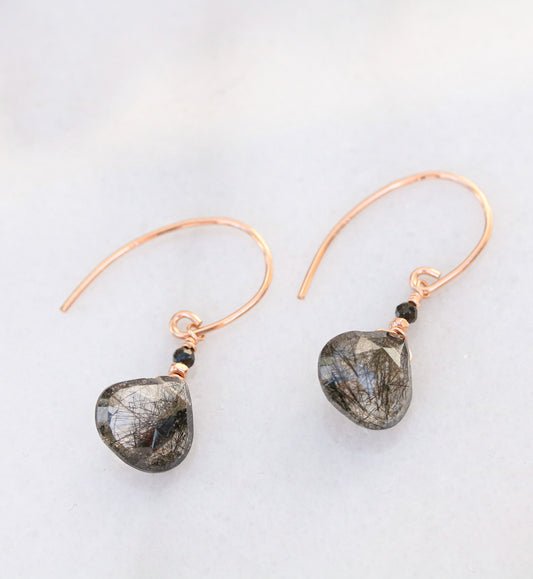 Rose Gold Rutilated Quartz Earrings: Black Onyx Gemstone Dangles