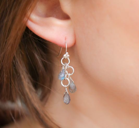Handmade Solid Silver Labradorite Teardrop Earrings: Elegant Gemstone Dangle