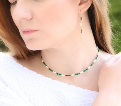 Handmade Malachite & Sea Bamboo Threader Earrings: Gold Fill or Sterling Silver