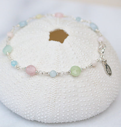 Sterling Silver Morganite Aquamarine Bracelet: Faceted Coin Gemstone