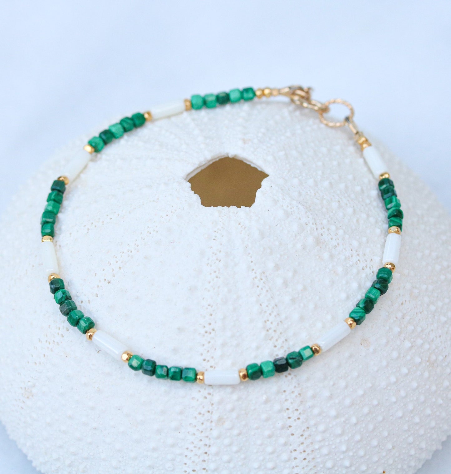 Malachite & Sea Bamboo Bracelet: 14k Gold Filled Accent Beads