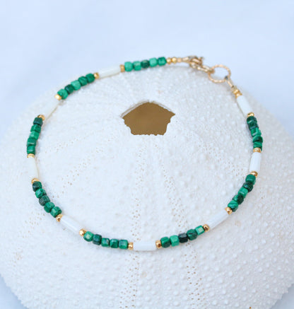 Malachite & Sea Bamboo Bracelet: 14k Gold Filled Accent Beads