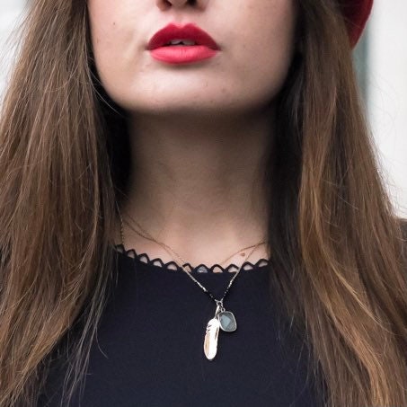 Handmade Labradorite Feather Necklace: Gold Filled Chain, Black Onyx Beads