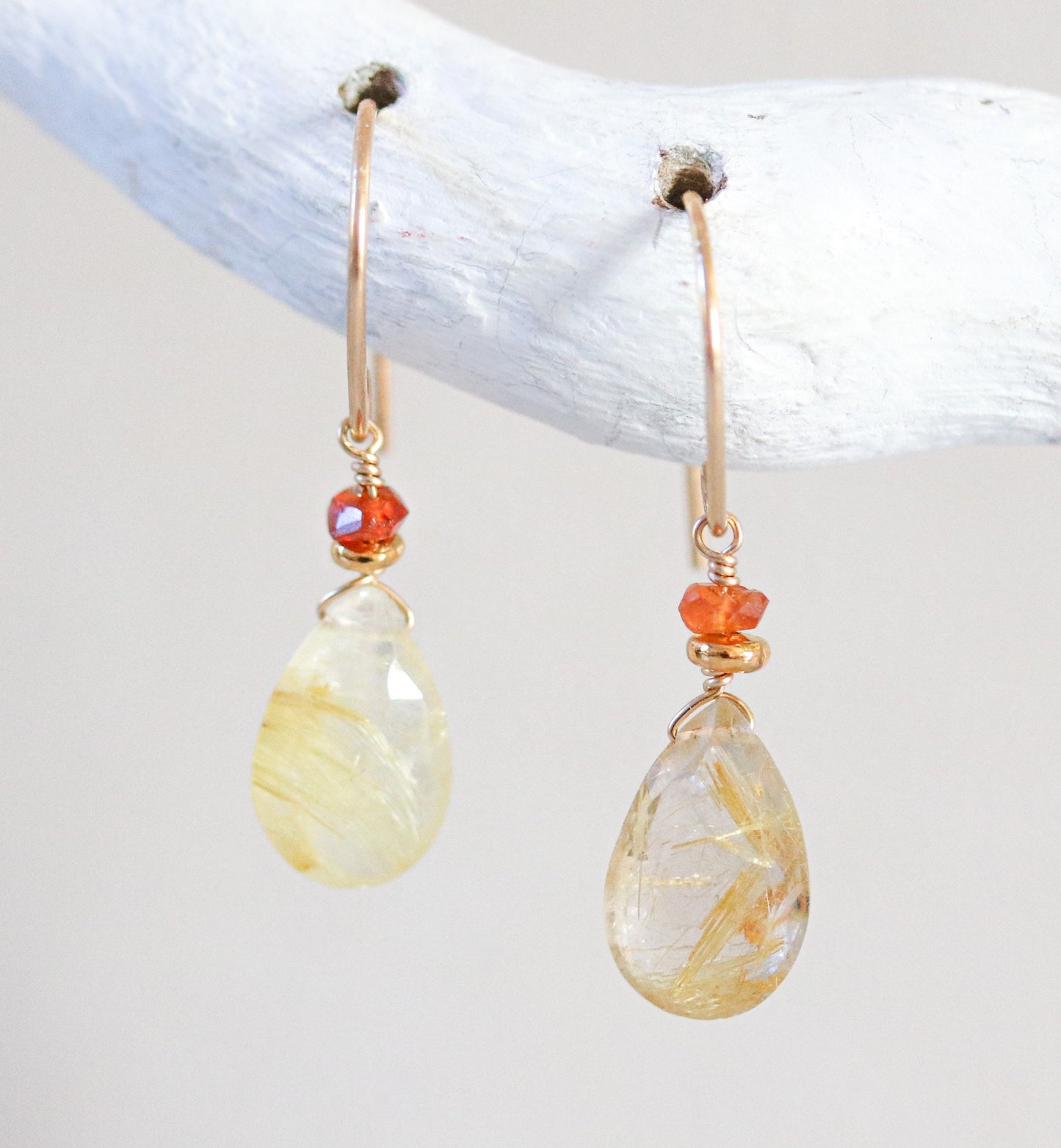 Gold Rutilated Quartz Teardrop Earrings: Modern Minimalist Design