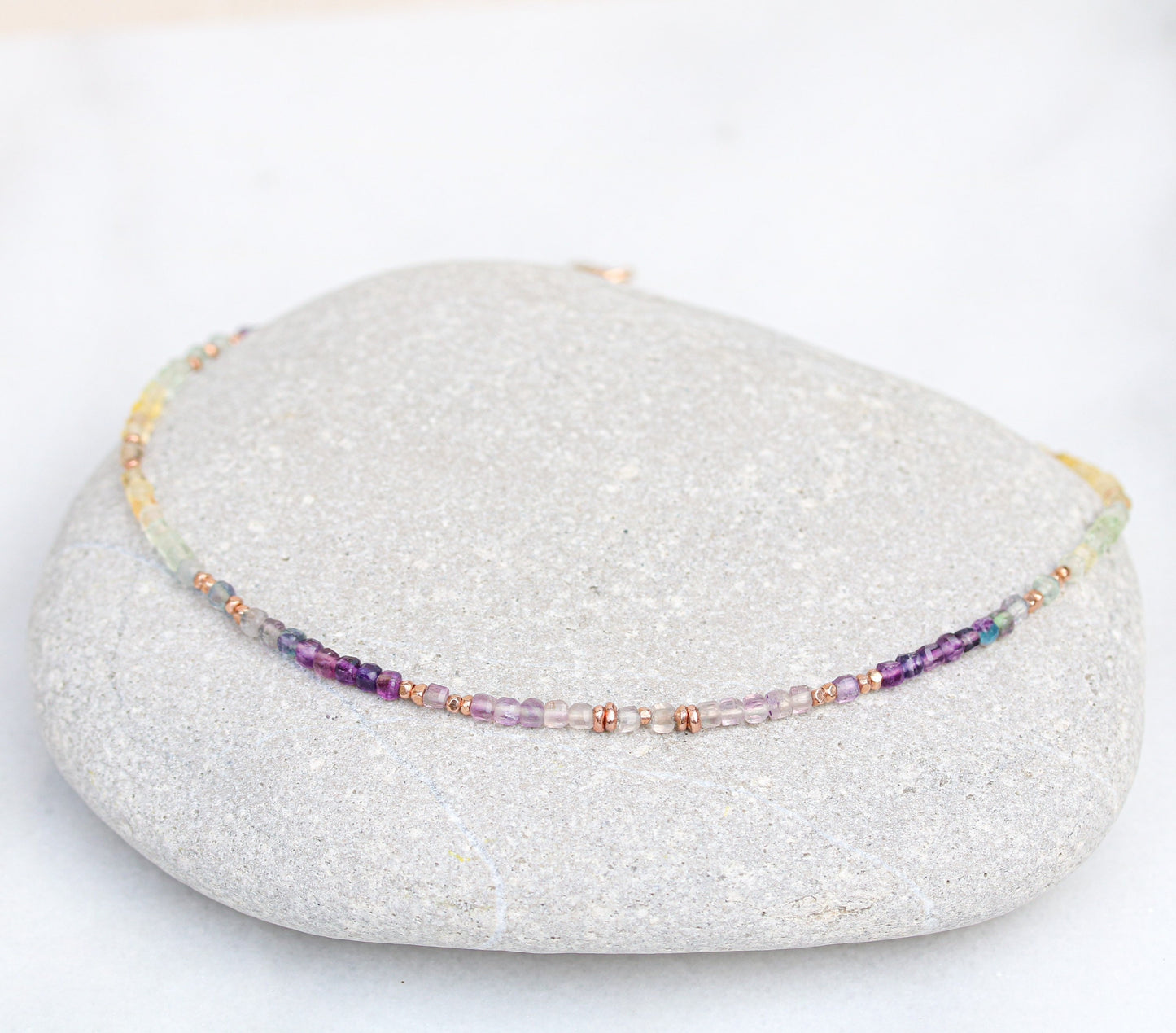 Fluorite Choker: Rose Gold Faceted Mini Cube Rainbow Gemstone Necklace