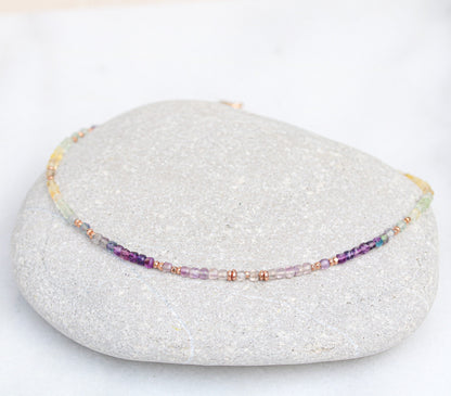 Fluorite Choker: Rose Gold Faceted Mini Cube Rainbow Gemstone Necklace
