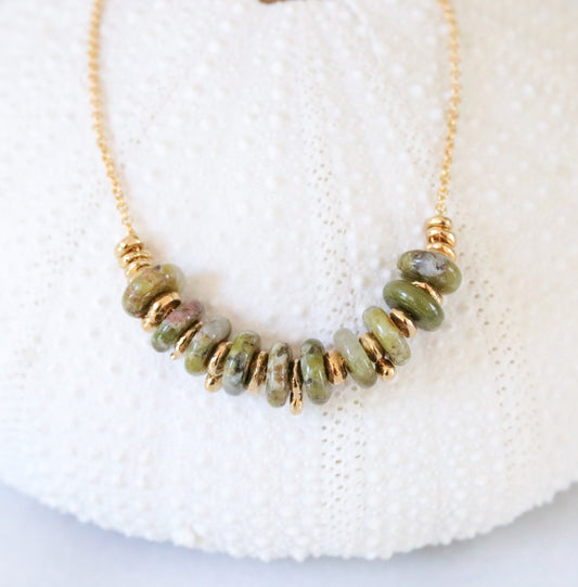 Unakite Jasper Rondelle Necklace: 14ct Gold Fill Chain, Adjustable Length