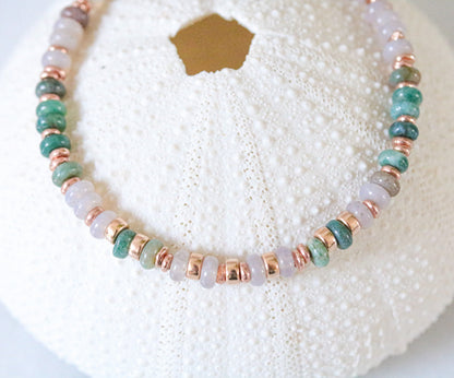 Indian Agate Heishi Choker: Rose Gold Necklace, Pastel Pink & Mint Green