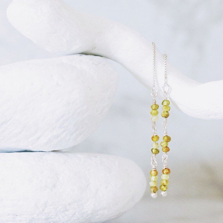 Handmade Sterling Silver Green Garnet Threader Earrings - Chic Minimalist Jewelry