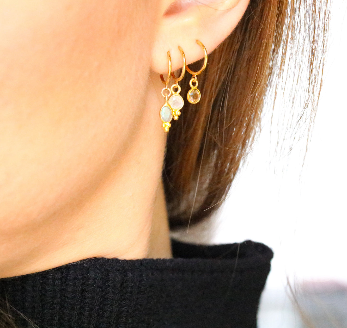Moonstone, Labradorite & Smoky Quartz Gold Vermeil Huggie Hoop Earrings