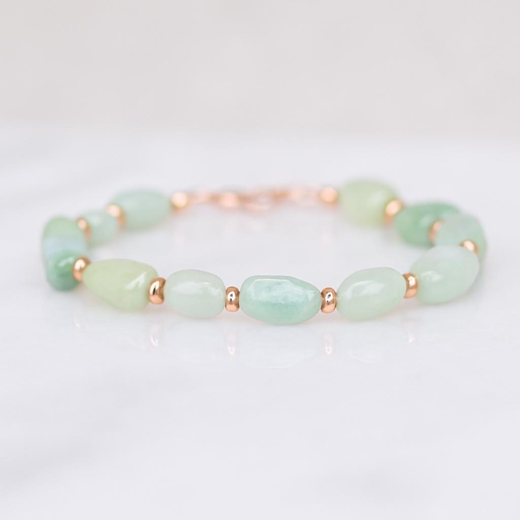 Handmade Jade Beaded Bracelet: Mint Green & White Gemstone with Gold Vermeil