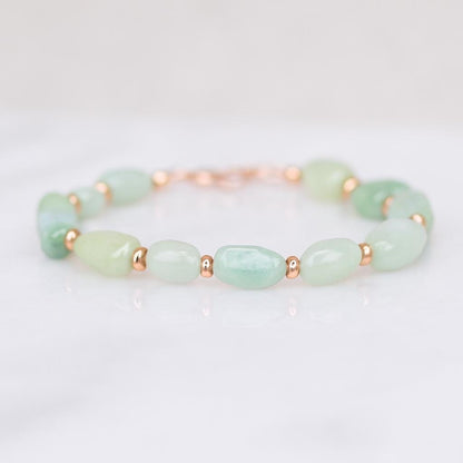 Handmade Jade Beaded Bracelet: Mint Green & White Gemstone with Gold Vermeil