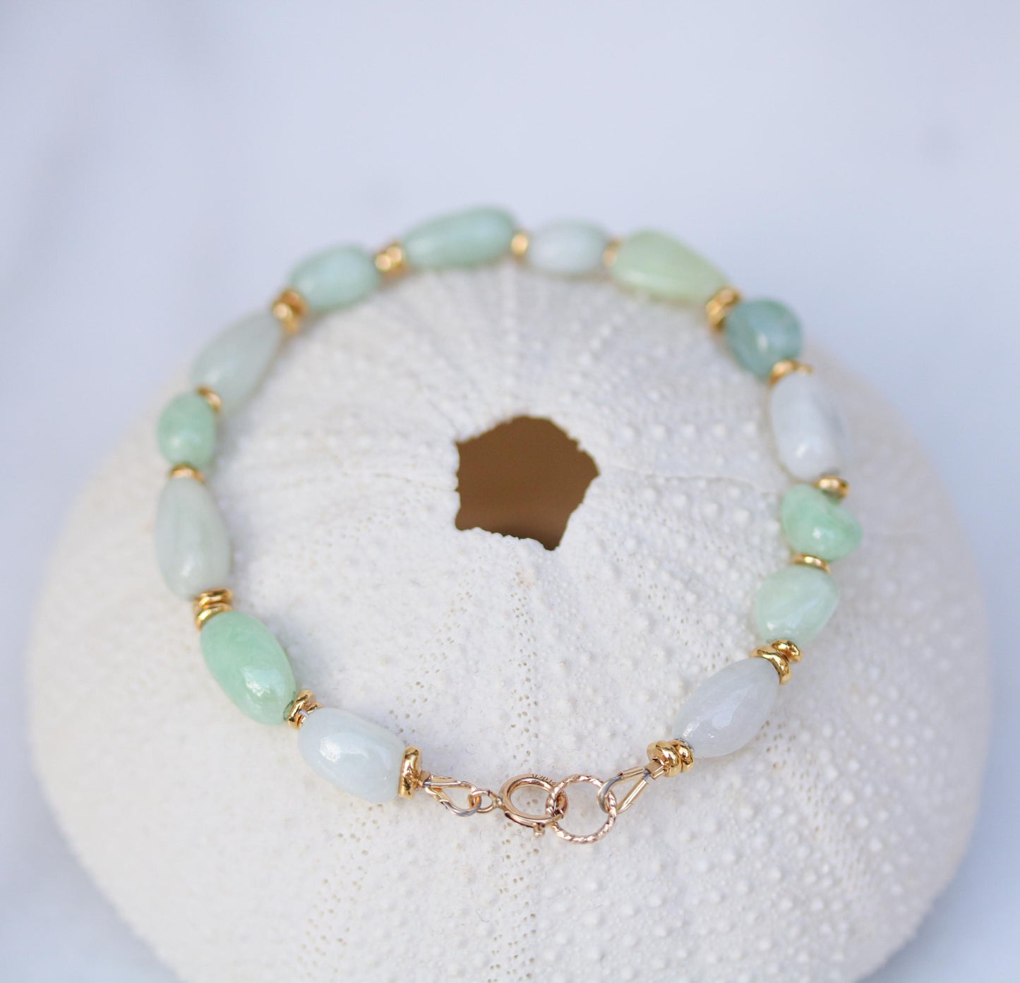 Handmade Jade Beaded Bracelet: Mint Green & White Gemstone with Gold Vermeil