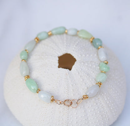 Handmade Jade Beaded Bracelet: Mint Green & White Gemstone with Gold Vermeil