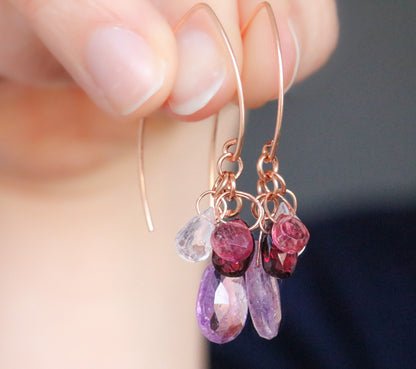 Handmade Rose Gold Gemstone Earrings: Tourmaline, Quartz & Garnet