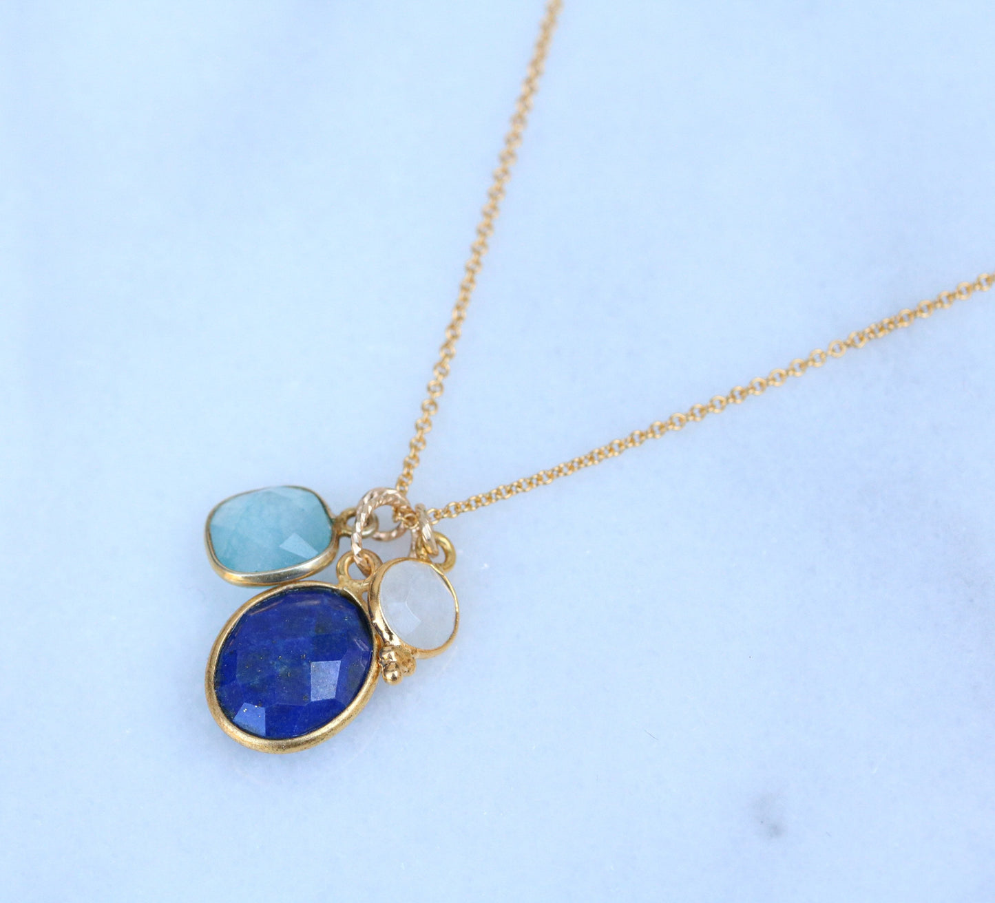 Gold Charm Necklace: Moonstone, Lapis Lazuli & Aqua Chalcedony