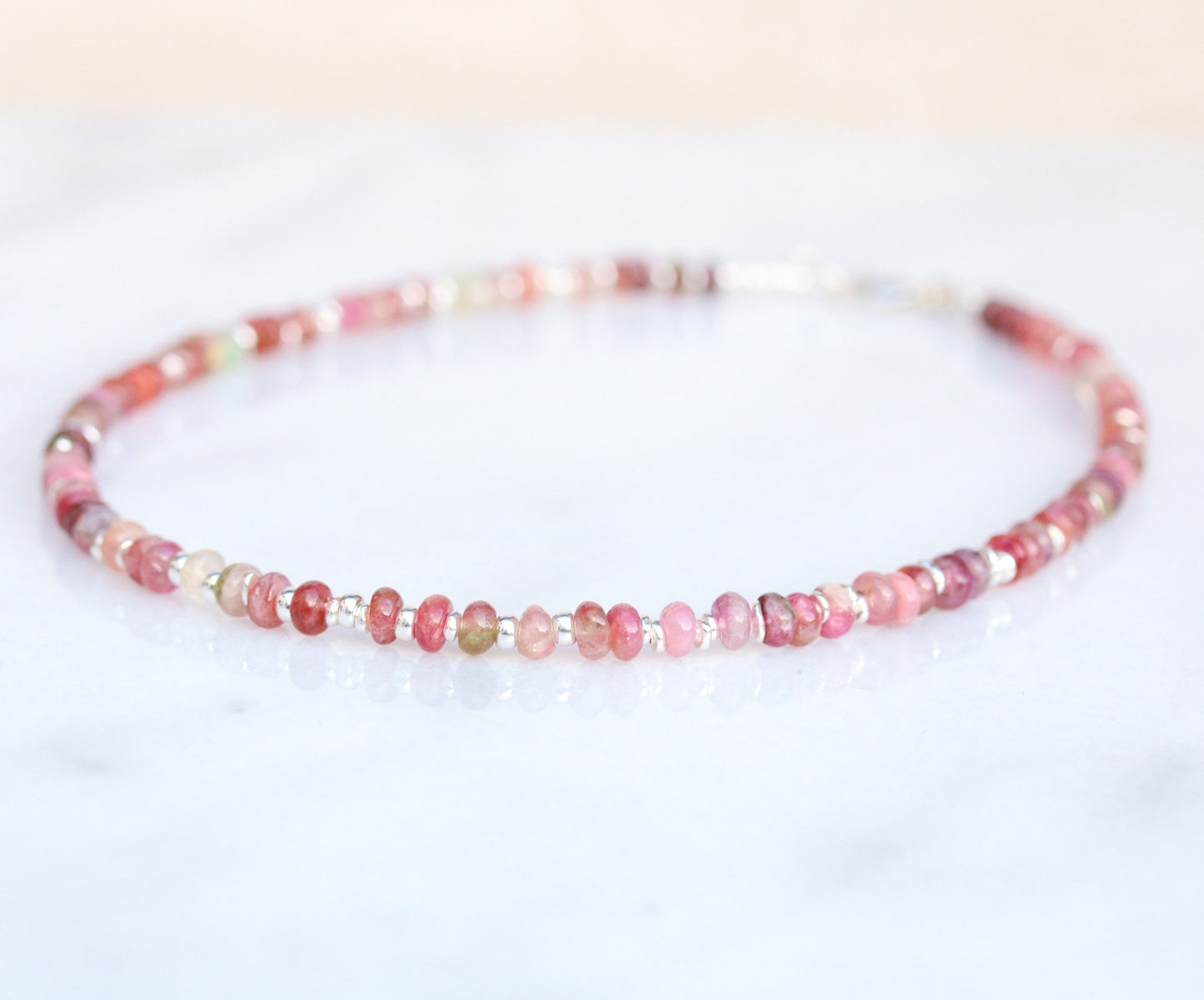 Pink Tourmaline Heishi Necklace: Sterling Silver Surfer Choker