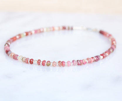 Pink Tourmaline Heishi Necklace: Sterling Silver Surfer Choker