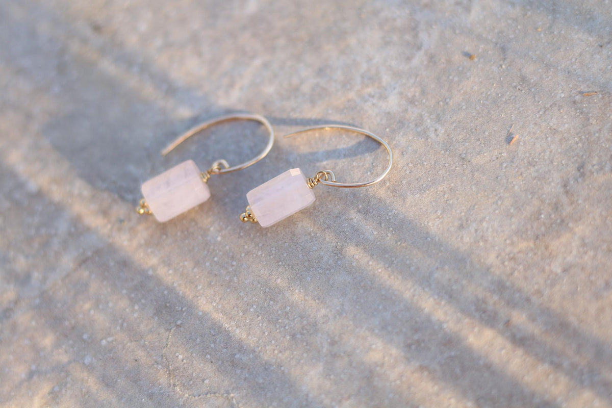 Natural Rose Quartz Earrings | Pink Gemstone Earrings | Gold Filled Drop Earrings | Modern Minimalist Jewellery | Gift for Her
