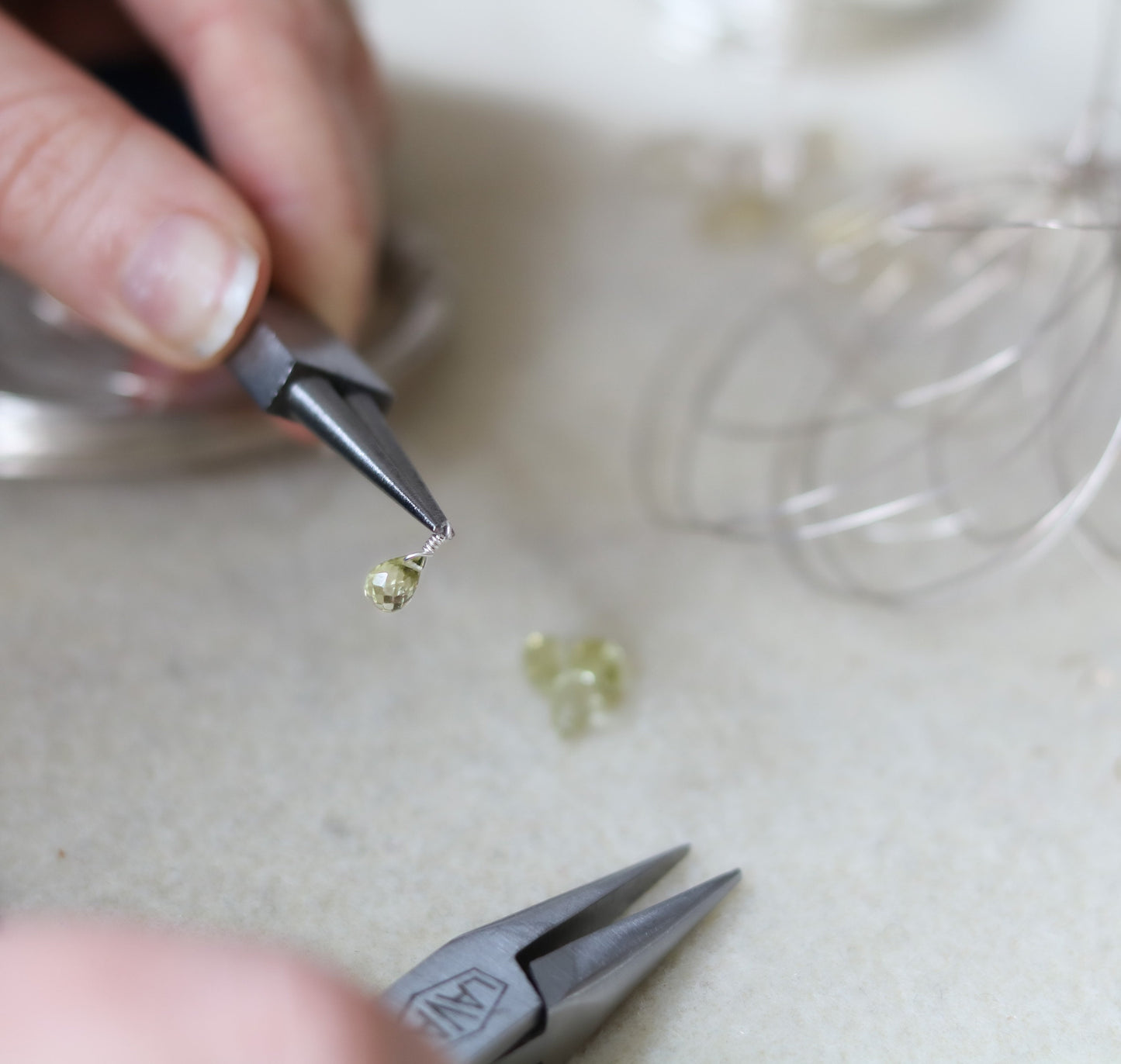 Handmade Olive Quartz Sterling Silver Drop Earrings - French Design
