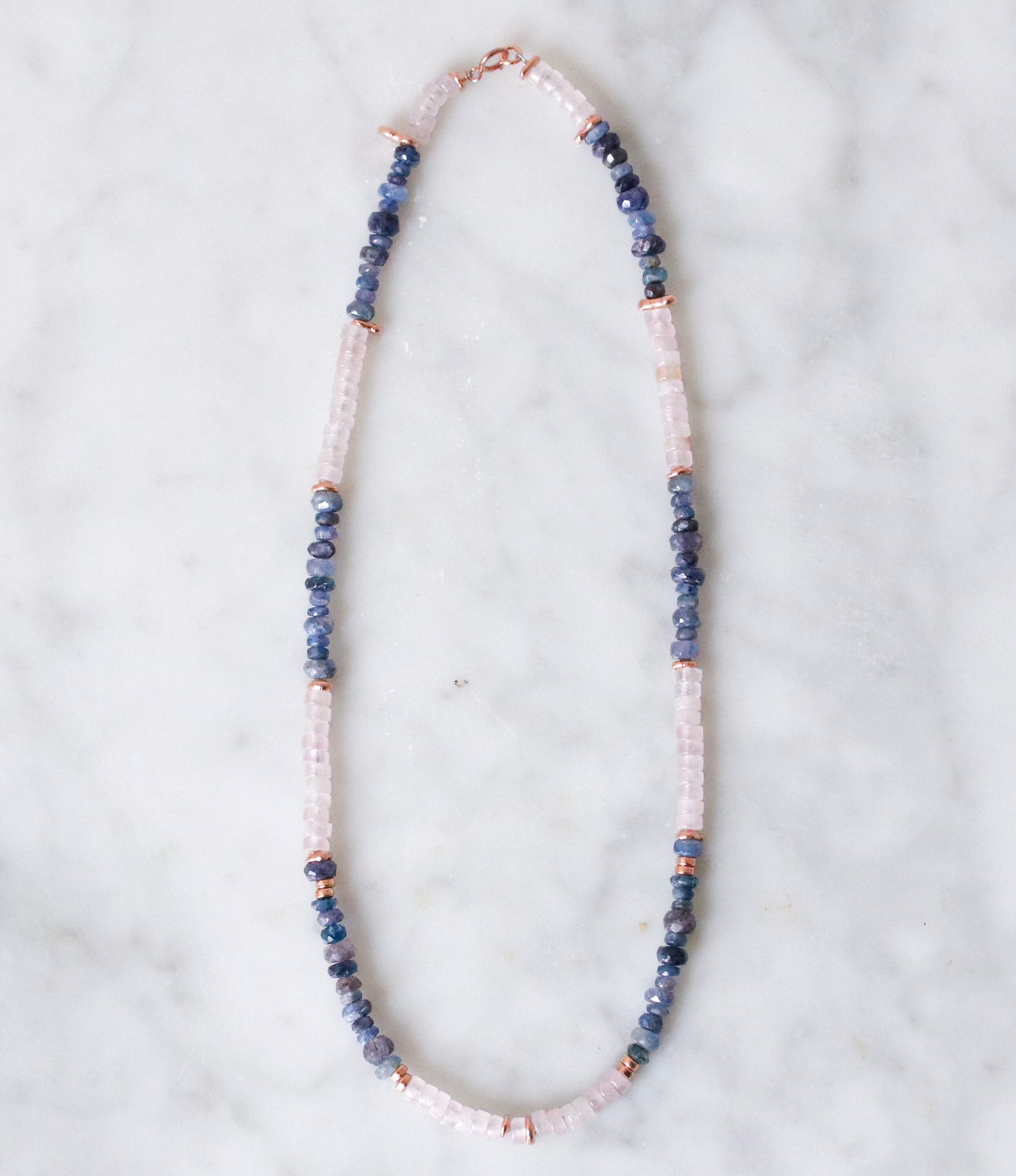 Rose Quartz Sapphire Heishi Necklace: Rose Gold Surfer Choker