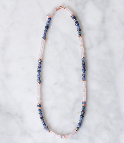 Rose Quartz Sapphire Heishi Necklace: Rose Gold Surfer Choker