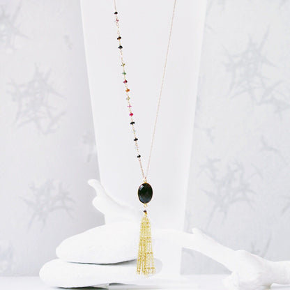 Gold Tassel Black Onyx Necklace: Tourmaline Gemstone Accent