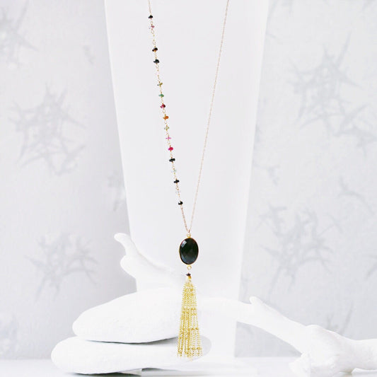Gold Tassel Black Onyx Necklace: Tourmaline Gemstone Accent