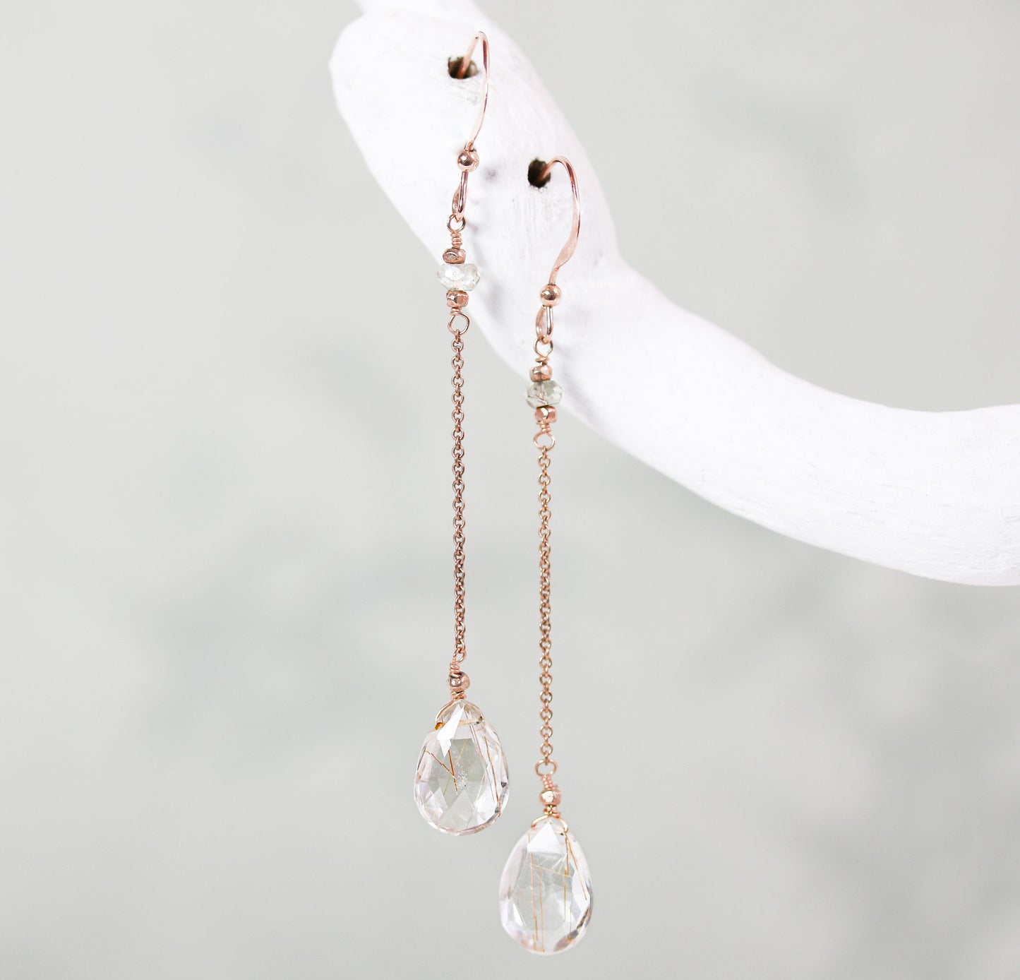 Handmade Rose Gold Rutilated Quartz Dangle Earrings: Labradorite Accent