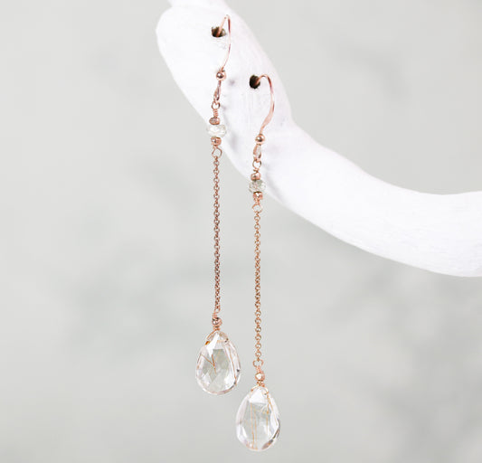 Handmade Rose Gold Rutilated Quartz Dangle Earrings: Labradorite Accent