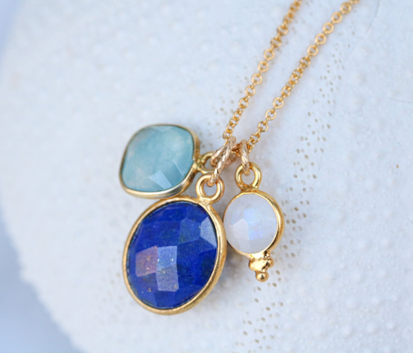 Gold Charm Necklace: Moonstone, Lapis Lazuli & Aqua Chalcedony