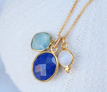 Gold Charm Necklace: Moonstone, Lapis Lazuli & Aqua Chalcedony