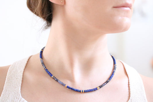 Lapis Lazuli Iolite Choker: Gold Vermeil Heishi Necklace