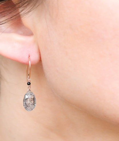 Rose Gold Rutilated Quartz Earrings: Black Onyx Gemstone Dangles