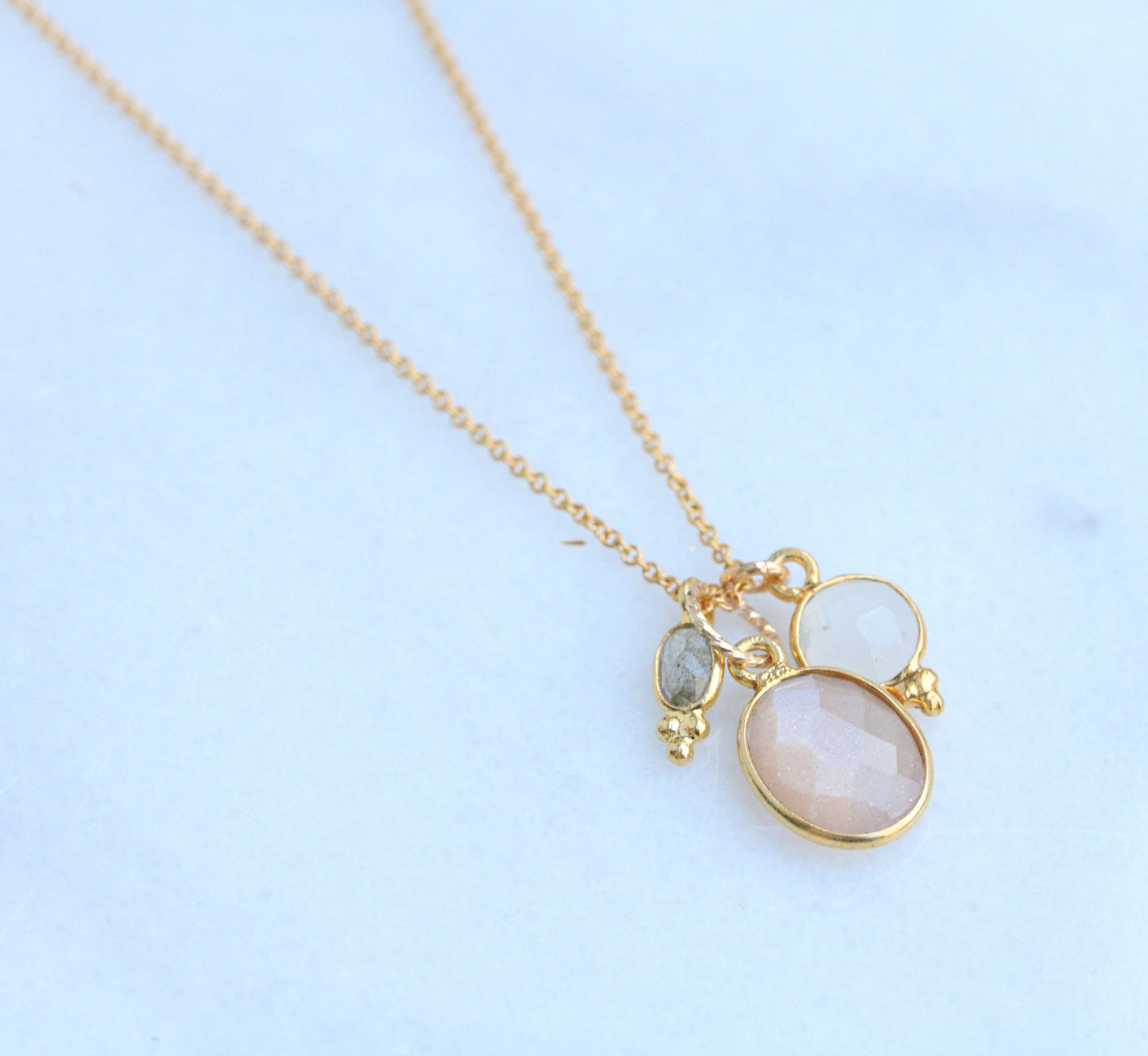 Handmade Gold Charm Necklace: Moonstone, Sunstone & Labradorite Gemstones