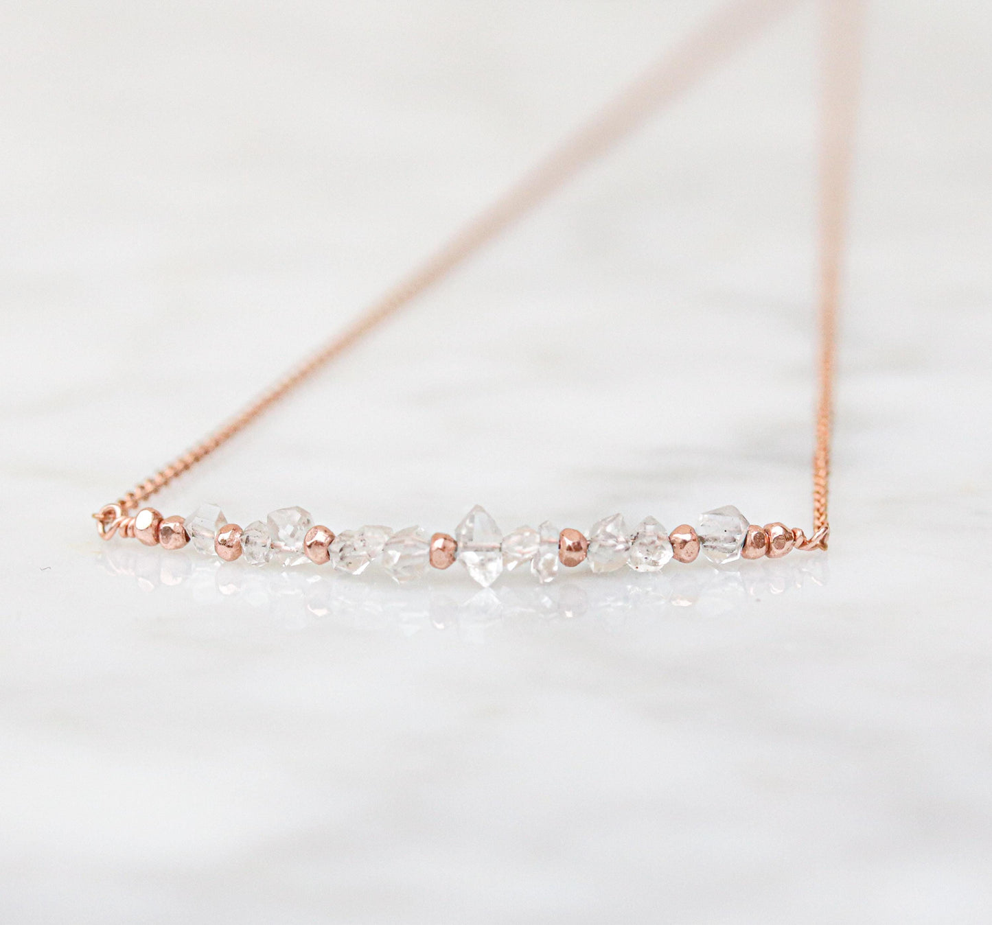 Herkimer Diamond Bar Necklace: 14K Rose Gold Fill, Adjustable Chain