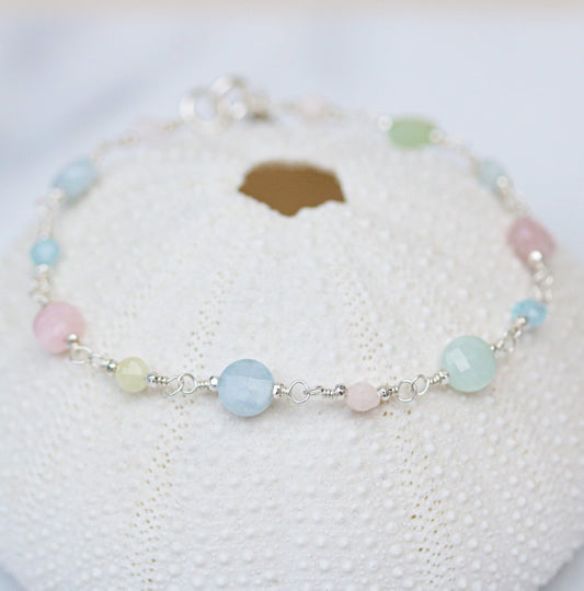 Sterling Silver Morganite Aquamarine Bracelet: Faceted Coin Gemstone