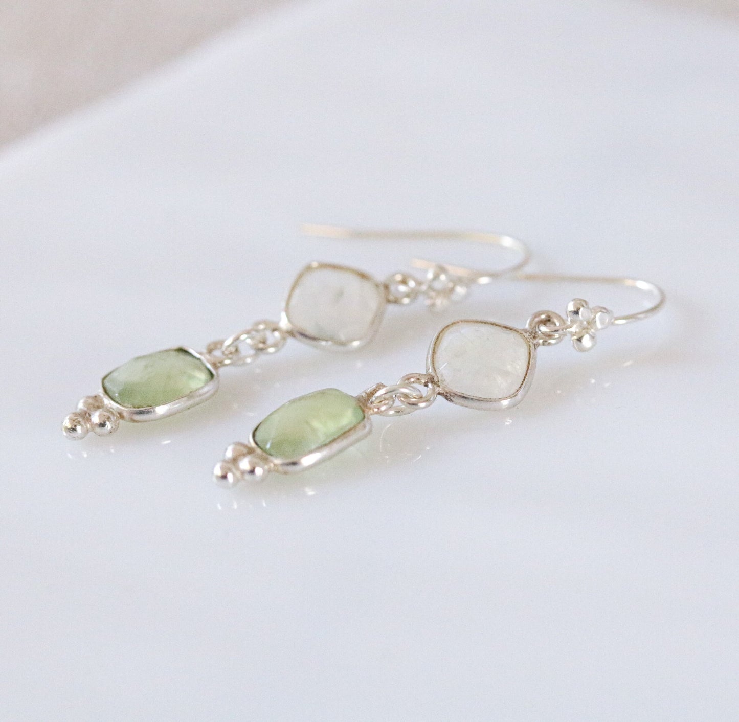 Moonstone & Green Quartz Solid Silver Dangle Earrings