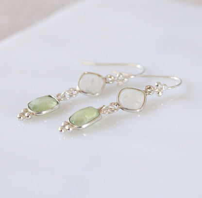Moonstone & Green Quartz Solid Silver Dangle Earrings