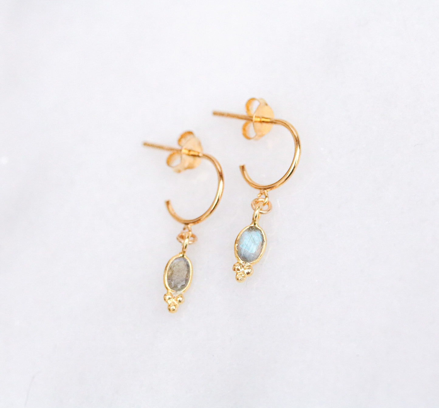Dainty Labradorite Gold Vermeil Huggie Hoop Earrings