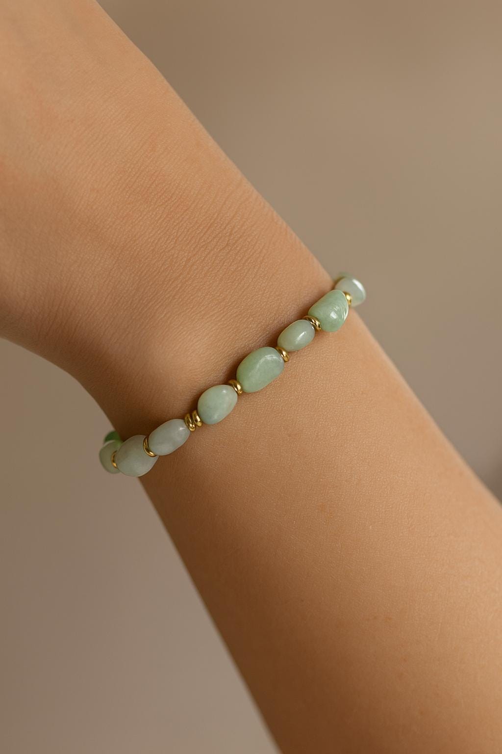 Handmade Jade Beaded Bracelet: Mint Green & White Gemstone with Gold Vermeil