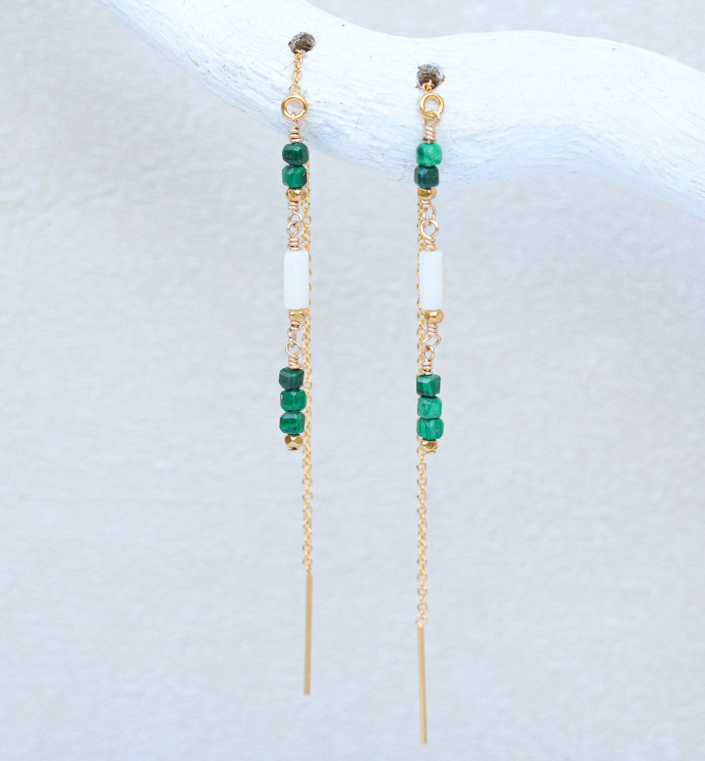 Handmade Malachite & Sea Bamboo Threader Earrings: Gold Fill or Sterling Silver