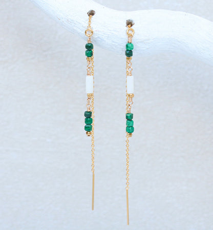 Handmade Malachite & Sea Bamboo Threader Earrings: Gold Fill or Sterling Silver