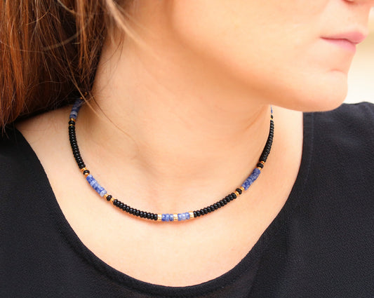 Blue Spot Jasper & Black Onyx Heishi Necklace: Gold Vermeil Surfer Choker